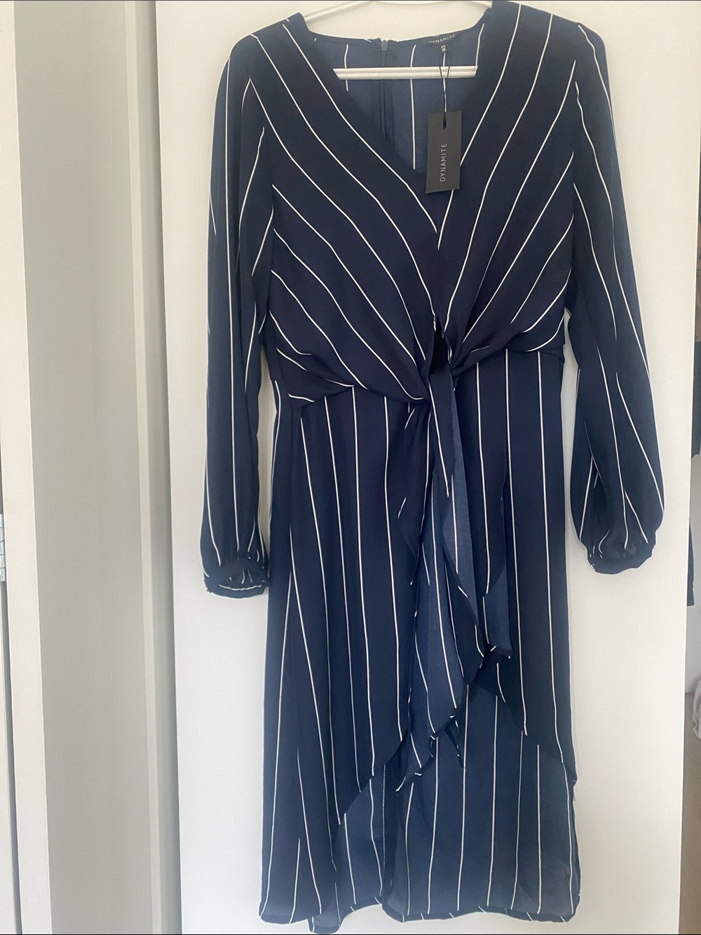 Dynamite Navy and White Striped Long Sleeve Tie Front Dress